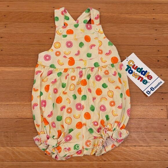 Cuddle Towne Vintage Deadstock Yellow Citrus Fruits Overall Shorts NWT - Picture 1 of 5
